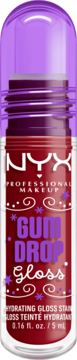 NYX Gum Drop Gloss w przezroczystej tubce, fioletowa nakrętka, czerwony błyszczyk z białymi i fioletowymi detalami, widok z przodu.