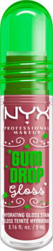 NYX Gum Drop Gloss Bubblegum Burst, nawilżający błyszczyk z tintem w świątecznym opakowaniu, zielona nakrętka, front.