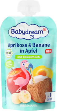 Saszetka Babydream Aprikose & Banane w jabłku z mleczkiem kokosowym, niebieska z flamingiem, od 1 roku.