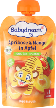 Pomarańczowa saszetka Babydream, przecier morela, mango i jabłko, 100% bio, z tygrysem, widok z przodu.