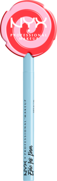 NYX Epic Ink Liner Glitz, jasnoniebieski eyeliner z unikatową lizakową nakrętką w czerwono-różowe paski.