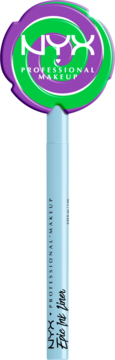 Jasnoniebieski eyeliner NYX Epic Ink Liner, pionowo na fioletowym tle, z zielono-fioletowym logo.