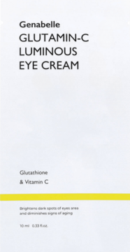 Front of Genabelle Glutamin-C Luminous Eye Cream box, white with black text, yellow stripe, 10ml.