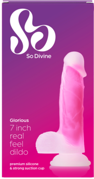 So Divine Glorious 7 cali real feel dildo w purpurowo-różowym opakowaniu, z różowym silikonowym dildo z przyssawką.