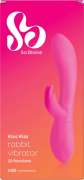 Różowy wibrator króliczek So Divine Kiss Kiss, 20 funkcji, na tle różowo-pomarańczowego pudełka. Widok z przodu.