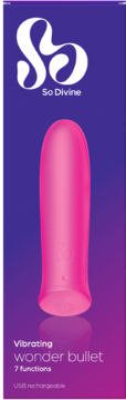 So Divine Vibrating Wonder Bullet, różowy silikonowy wibrator w kształcie pocisku, widok z przodu w fioletowym opakowaniu.