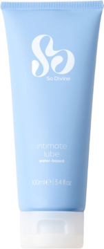 So Divine intymny lubrykant na bazie wody, jasnoniebieska tuba 100ml. Widok z przodu dla komfortu.