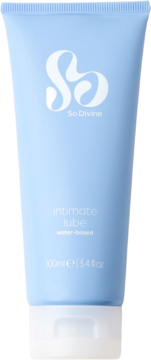 So Divine intymny lubrykant na bazie wody, jasnoniebieska tuba 100ml. Widok z przodu dla komfortu.