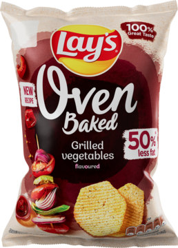 Lay's Oven Baked, chipsy ziemniaczane o smaku grillowanych warzyw w brązowym opakowaniu z grafiką szaszłyka.
