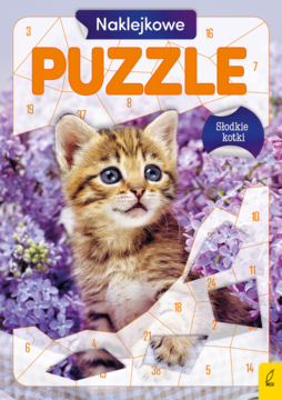 Naklejkowe PUZZLE Słodkie kotki: okładka z uroczym, pręgowanym kotkiem wśród fioletowych bzów, z numerowanymi fragmentami.