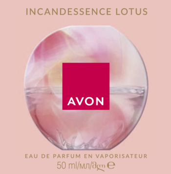 Avon Incandessence Lotus woda perfumowana 50ml, okrągła butelka z różowym motywem lotosu, fuksjowa etykieta, widok z przodu.