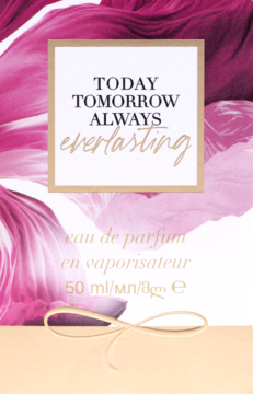 Opakowanie perfum Everlasting 50ml z różowymi płatkami, złotą ramką i kokardą na białym tle. Widok z przodu.