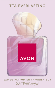 Avon TTA Everlasting Eau de Parfum, butelka w gradientowych kolorach fioletu i różu, z różową etykietą AVON, na jasnym tle.