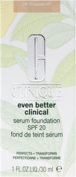 Clinique Even Better Clinical Serum Foundation SPF 20, CN 10 alabaster, white box with leaf pattern, front view.