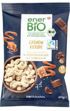 Ener Bio Cashew Kerne z solonym karmelem w czekoladzie. Granatowa torebka 60g z miską orzechów, Rossmann.