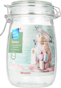 Słoik szklany Flink & Sauber Bügelglas 1L z klipsowym zamknięciem, widok z przodu, przezroczyste szkło.