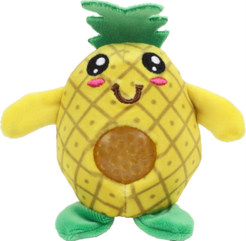 Żółty pluszowy ananas z uśmiechniętą twarzą i wbudowaną piłeczką antystresową, widok z przodu.
