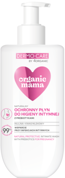 Dermo-Care Organic Mama, naturalny płyn do higieny intymnej z prebiotykami, biała butelka z pompką, widok z przodu.