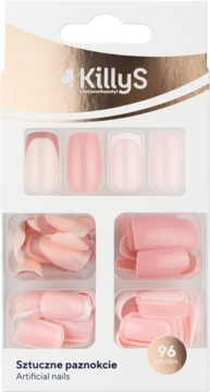 KillyS sztuczne paznokcie 96 szt. w odcieniach różu i beżu, z wzorami typu French, widoczne w blisterach.