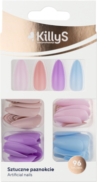 KillyS sztuczne paznokcie w 4 pastelowych kolorach: różowym, brzoskwiniowym, fioletowym, niebieskim. Opakowanie 96 sztuk.