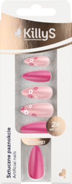 Sztuczne paznokcie KillyS, 24 szt., w biało-różowo-złotym opakowaniu. Błyszczące, różowe, z kwiatkami i fuksjowe.