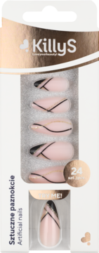 KillyS sztuczne paznokcie, matowy pudrowy róż z czarno-złotymi abstrakcyjnymi liniami, widok przodu opakowania.