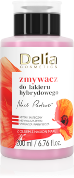 Delia Cosmetics zmywacz do lakieru hybrydowego z olejem z nasion maku, różowa butelka 200 ml, widok z przodu.