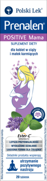Prenalen POSITIVE Mama suplement diety Ester-C dla ciężarnych, biało-fioletowe opakowanie z ilustracją.