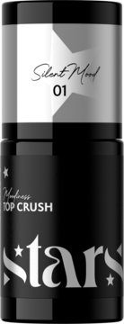 Czarny błyszczący top do paznokci Moodness TOP CRUSH Silent Mood 01, z srebrnym napisem 'stars', widok z przodu.