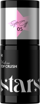 Czarny lakier hybrydowy Stars Top Crush Soft Off 05, cylindryczna butelka z metalicznym logo i różową gwiazdą.