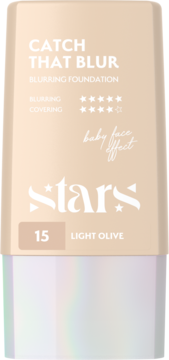 Catch That Blur blurring foundation, shade 15 Light Olive, beige rectangular bottle with clear base, front.
