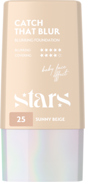Matujący podkład Stars Catch That Blur, 25 Sunny Beige, beżowa butelka z holograficznym dołem, widok z przodu.