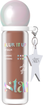 Blur It Up lip balm, brązowy, w przezroczystej butelce, z iryzującą nakrętką, holograficznym logo 'star' i brelokiem.