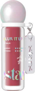 Blur It Up Lip Balm Star, frosted bottle, red-pink, holographic text 'satin effect', with a silver Star charm.