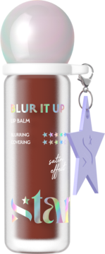 Blur It Up Lip Balm Star, brązowy w przeźroczystej butelce, kulista nakrętka, fioletowa gwiazdka charms, widok z przodu.