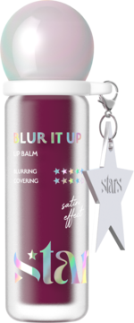 Blur It Up Lip Balm w przezroczystym opakowaniu z burgundowym płynem i perłową nakrętką. Zawieszka gwiazda. Widok z przodu.