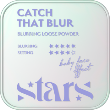 Fioletowy puder sypki CATCH THAT BLUR, z ratingiem 5 gwiazdek za blur i 4.5 za setting, efekt "baby face".