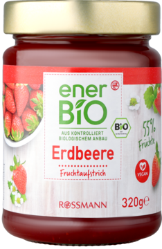 Czerwony dżem truskawkowy enerBiO BIO 320g, 55% owoców, wegański, w szklanym słoiku, widok z przodu.