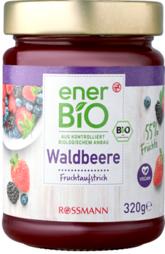 enerBiO Rossmann, słoik bio dżemu Waldbeere 320g, etykieta z owocami leśnymi, napis Vegan, widok z przodu.