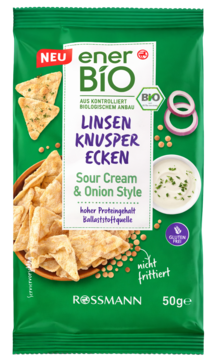 Zielone opakowanie ener BIO Linsen Knusper Ecken Sour Cream & Onion Style, z chrupkami, dipem, nie smażone.