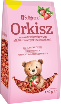 Różowa torebka Soligrano Orkisz truskawkowy bez cukru, z misiem i truskawkami, wysoka zawartość błonnika.