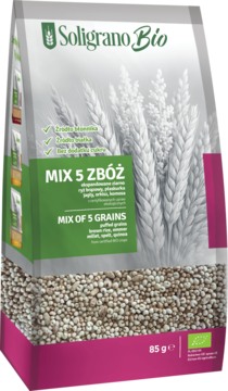 Soligrano Bio Mix 5 Zbóż ekspandowanych bez cukru. Przezroczysta torebka z widocznymi ziarnami, widok z przodu.
