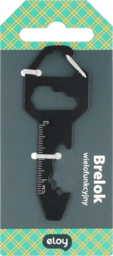 Czarny multitool Eloy 6w1 w formie klucza z karabinkiem i miarką, zapakowany w kartonik. Widok z przodu.