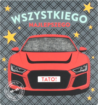 Eloy skarpety w ozdobnym opakowaniu. Czerwony samochód sportowy, napis 'Wszystkiego Najlepszego Tato!' na tle w kratkę.