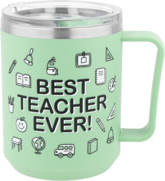 Miętowy kubek termiczny Eloy z metalową pokrywką, napisem 'BEST TEACHER EVER!' i ikonami szkolnymi, widok z przodu.