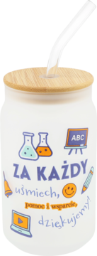 Eloy kubek szklany ze słomką. Biały, bambusowa pokrywka, nadruk 'Za każdy uśmiech, pomoc i wsparcie, dziękujemy!'.