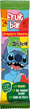 Front view of a Strawberry flavoured Fruit bar with Disney Stitch on vibrant packaging, marked Vegan, No added sugar.