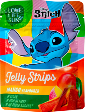 Colorful Disney Stitch Mango Jelly Strips pouch, front view, featuring Stitch and mango slices, vegan, high fibre, no added sugars.