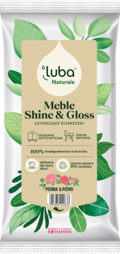 Luba Naturals Meble Shine & Gloss ściereczki do mebli, Peonia & Piżmo. Biodegradowalne, front opakowania z liśćmi.