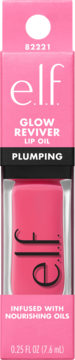 Różowy e.l.f. Glow Reviver Lip Oil z efektem plumping w opakowaniu, widok z przodu, 0.25 FL OZ.